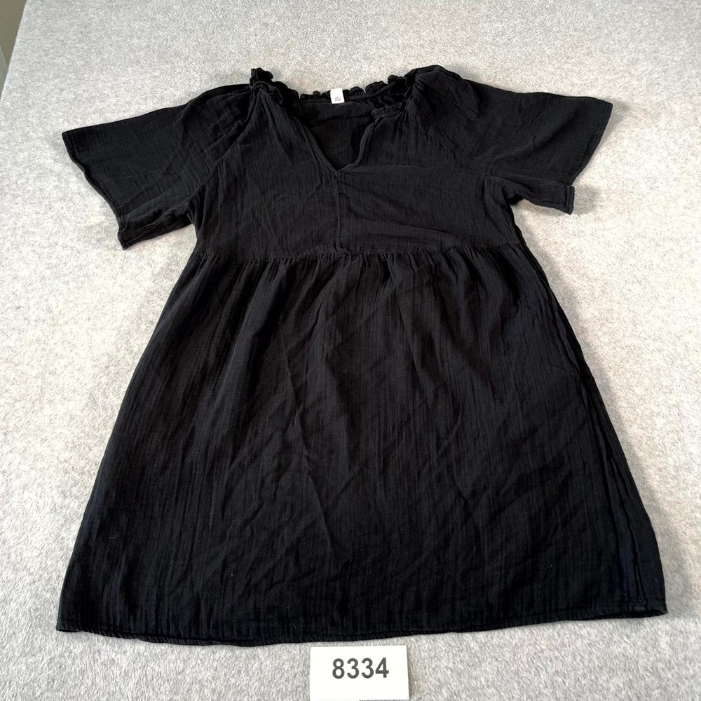 Old Navy A Line Dress Womens Medium Black Cotton V Neck Ruffle Trim Casual
